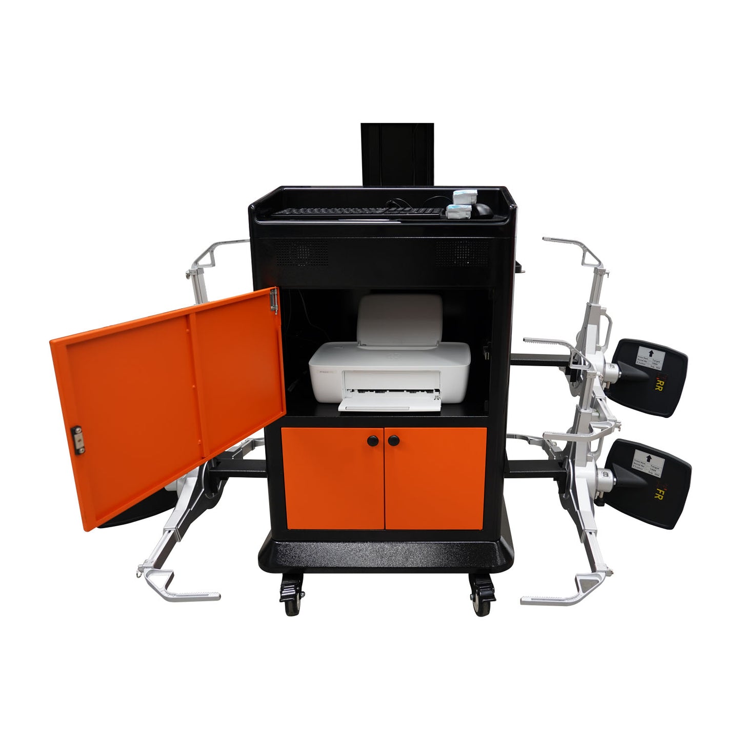 PowerLift PLA-881S alignment system storage compartment open, featuring a built-in printer and neatly organized interior, with alignment sensors on both sides.