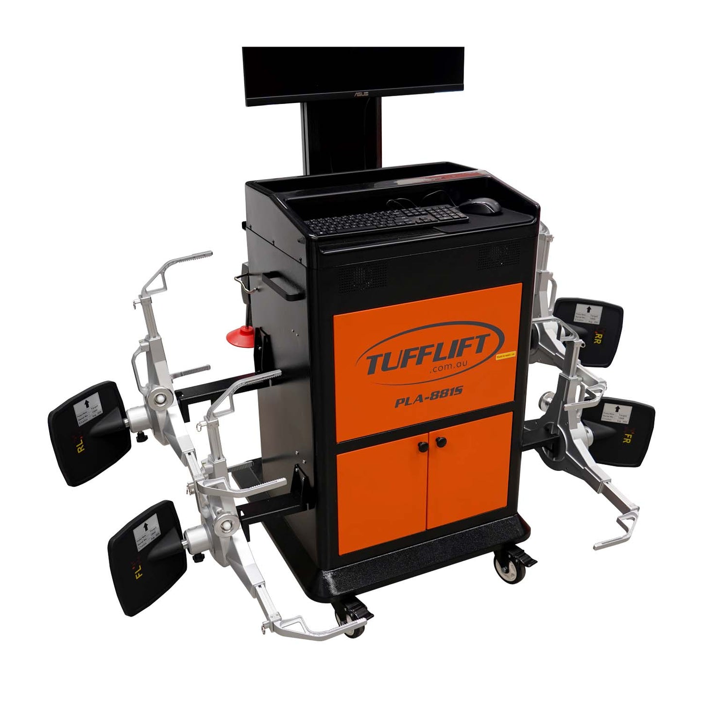 Close-up of the PowerLift PLA-881S alignment machine by TuffLift, highlighting the horizontal alignment arms and central display