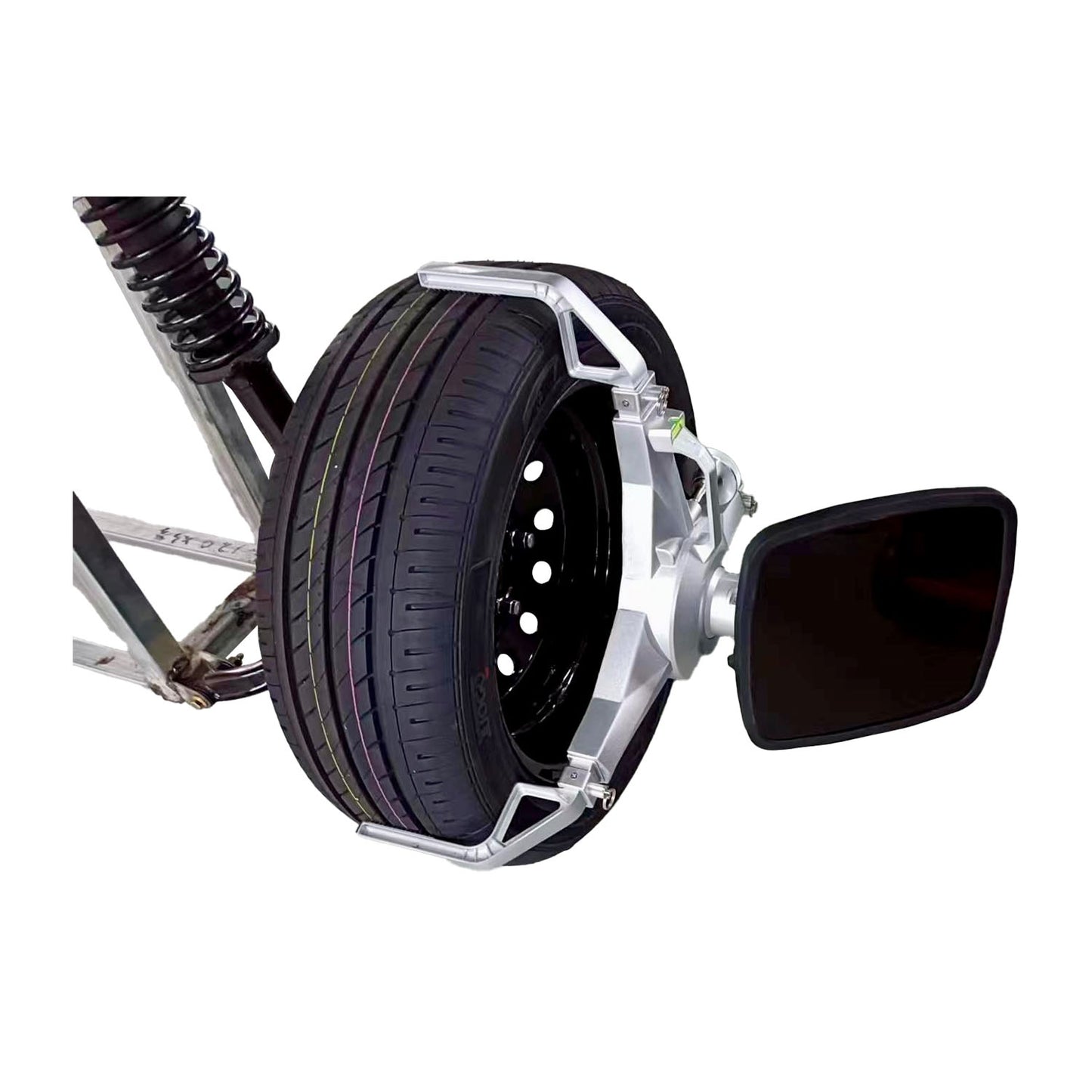 A car wheel fitted with a quick release clamp from the Powerlift PLA-881S 3D Wheel Alignment System. The clamp, featuring a reflective panel for alignment, is securely attached to the tyre.
