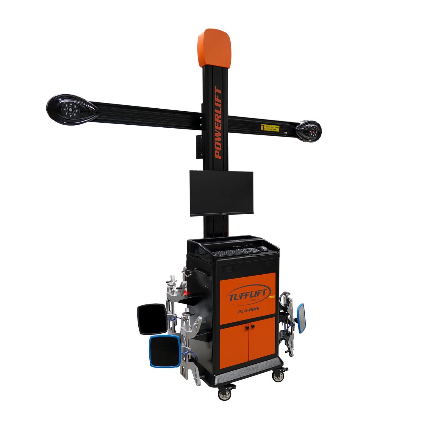 Powerlift wheel aligner by Tufflift with dual adjustable sensors, a display screen, and a mobile cabinet.
