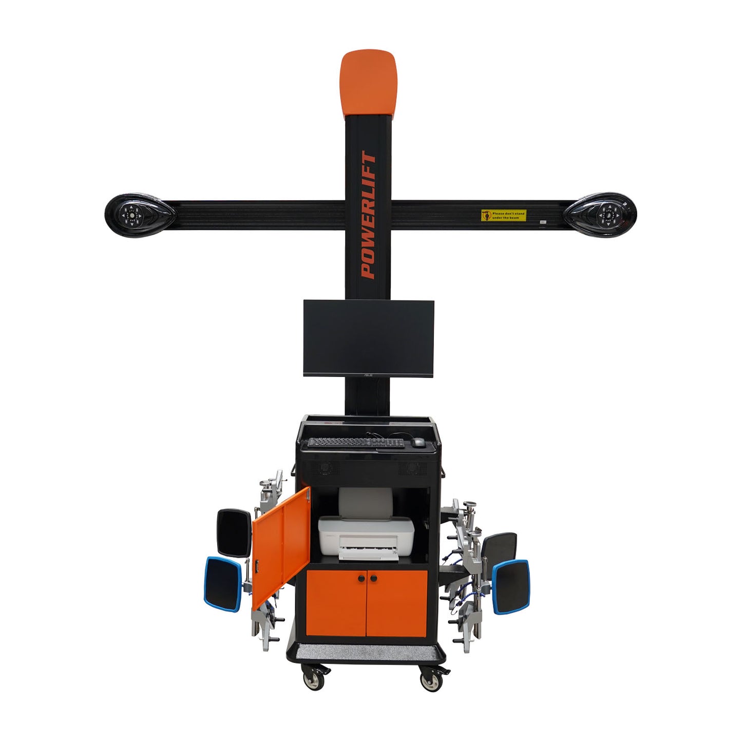 Tufflift Powerlift wheel aligner with dual sensor arms, a mounted monitor, a keyboard tray, and lower storage cabinets with an open door revealing a printer.