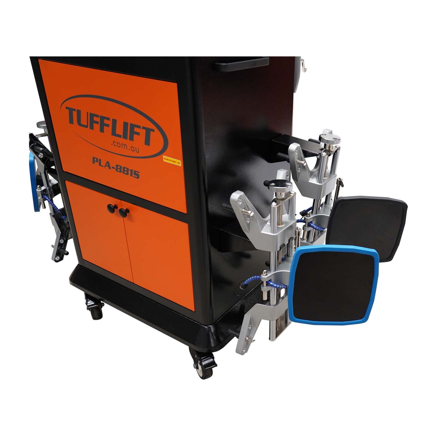 A close-up of the Tufflift PLA-881S Powerlift wheel aligner showing the orange storage cabinet with the logo and attached alignment clamps.