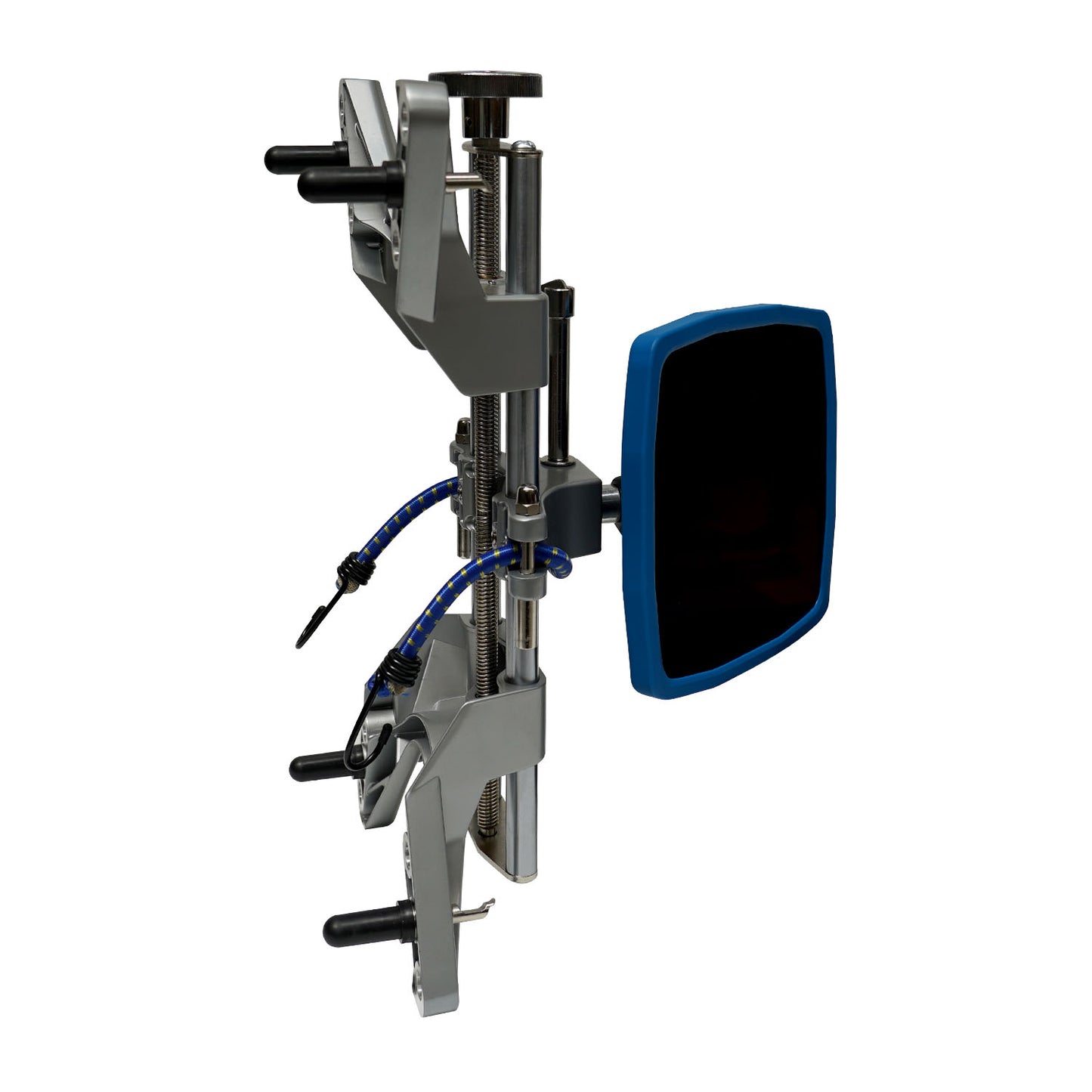 Detailed view of the alignment clamp on the Tufflift Powerlift wheel aligner, showing its adjustable components and a blue sensor attachment.