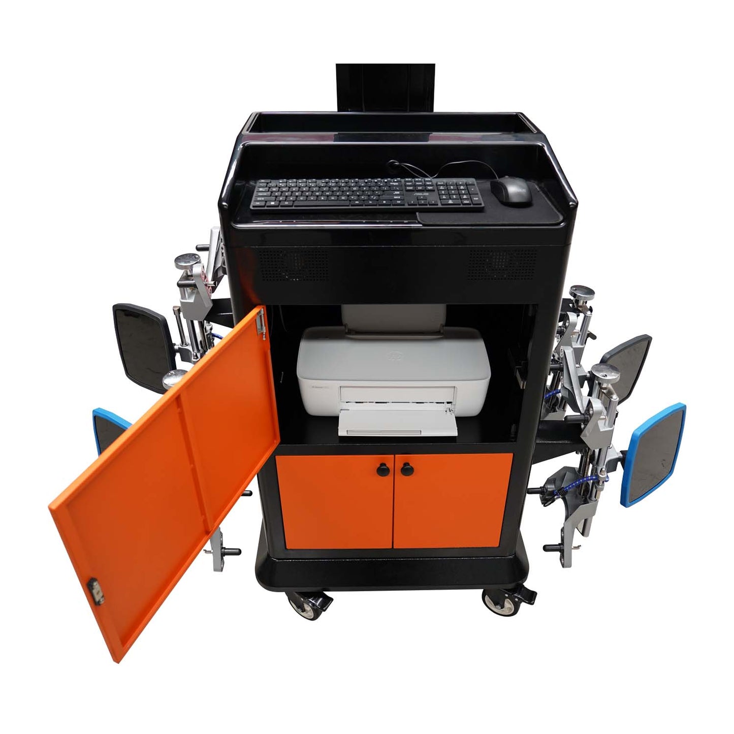A focused top view of the Tufflift Powerlift wheel aligner, showing a keyboard, a printer in an open cabinet, and alignment clamps on both sides.
