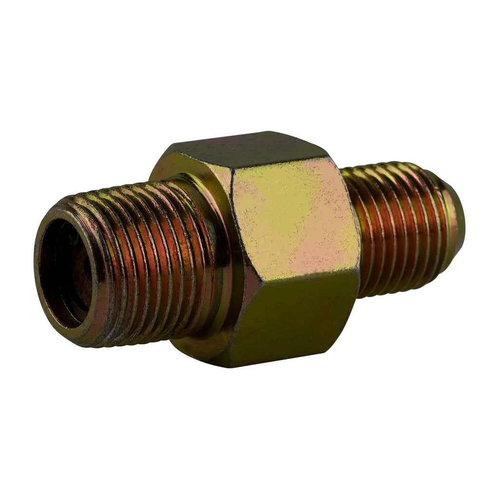 Close-up of a straight anti-burst fitting with a gold-colored polished finished, hexagonal body and threaded ends, used in hydraulic systems to prevent bursts and ensure secure, reliable connections. - Straight Anti Burst Fitting