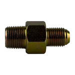 Close-up of a straight anti-burst fitting with a gold-colored hexagonal body and threaded ends, used in hydraulic systems to prevent bursts and ensure secure, reliable connections. - Straight Anti Burst Fitting