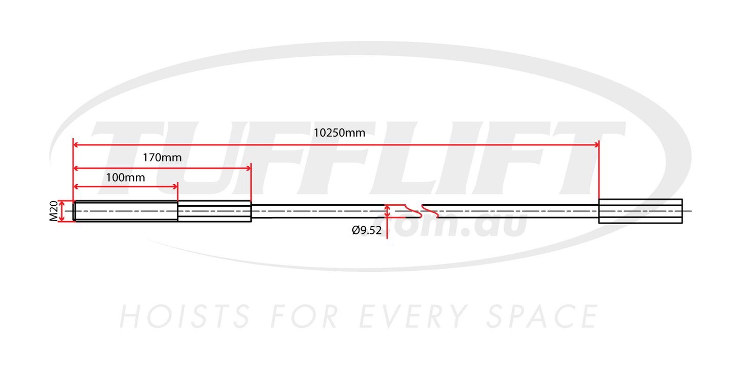 The image presents a technical drawing of a hoist cable with a total length of 2625mm, an M20 thread, and a diameter of 9.52mm. The diagram specifies key dimensions, including a 170mm thread section, 100mm segment, and other relevant details