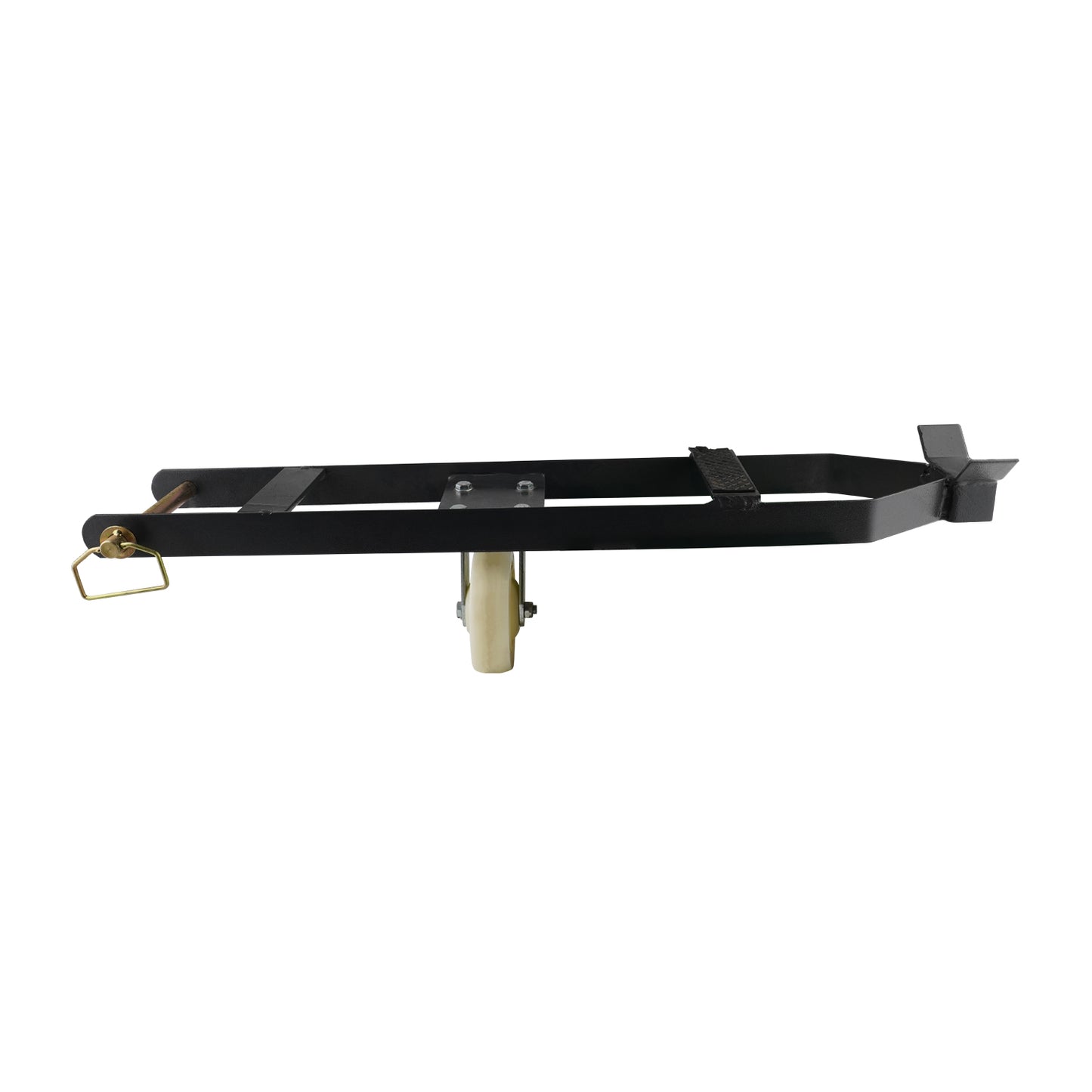 A side view of a caster kit for a 4-post car hoist, featuring a black frame and a white wheel. The kit includes a handle and brackets for securing the caster.