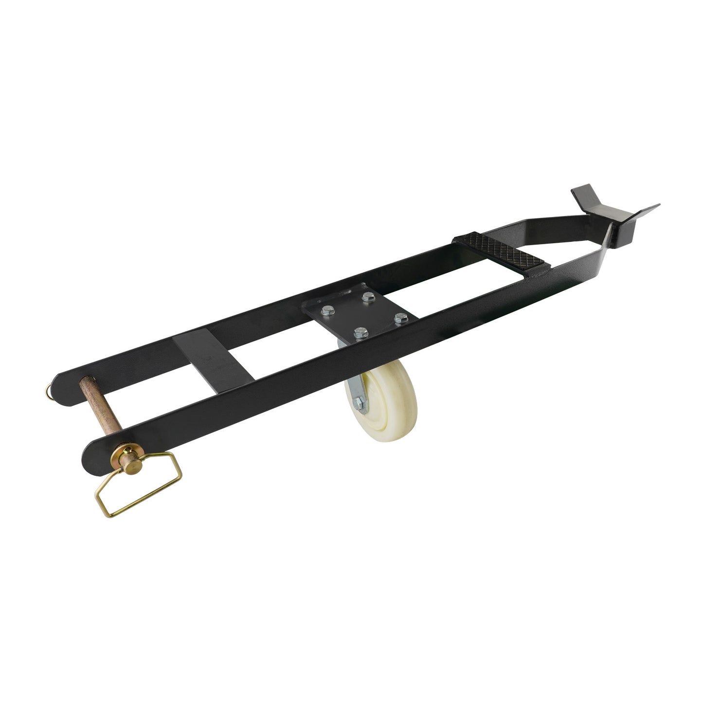 A caster kit for a 4-post car hoist, featuring a black metal frame and a white wheel for easy movement. The design includes a handle and support bracket for stability during use.