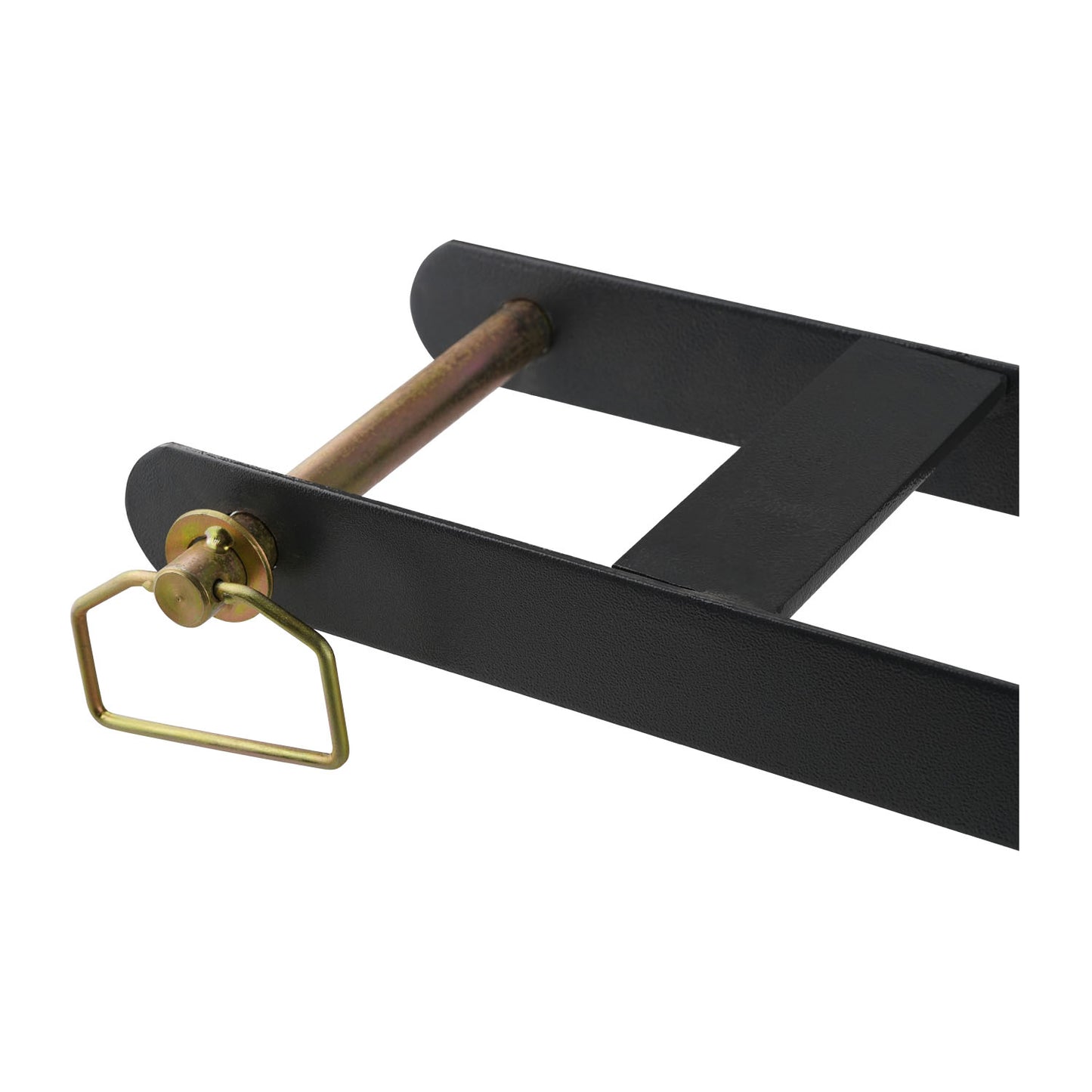 A close-up view of a securing pin on a caster kit for a 4-post car hoist, attached to a black metal frame.