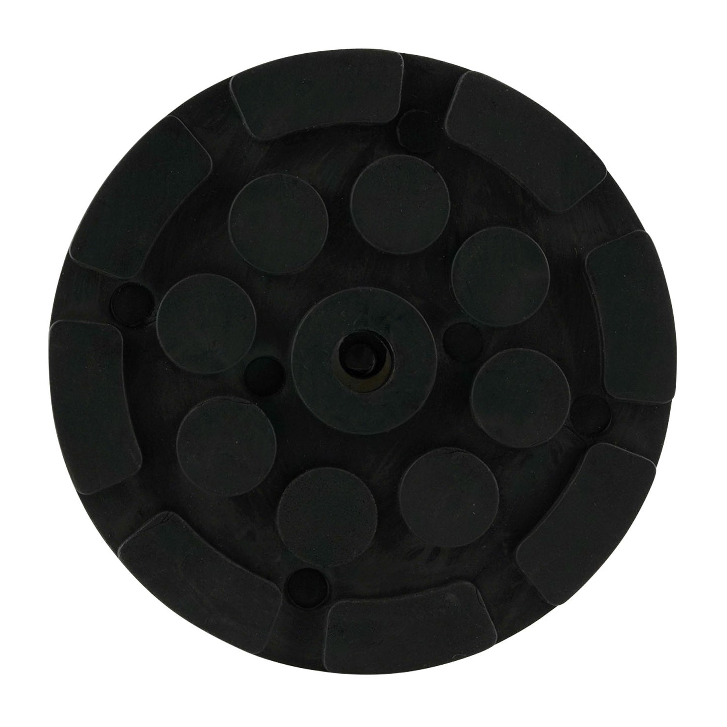 Font view of black circular hoist pad with a central hole and raised round sections, designed for use with car hoists to provide stability and grip.
