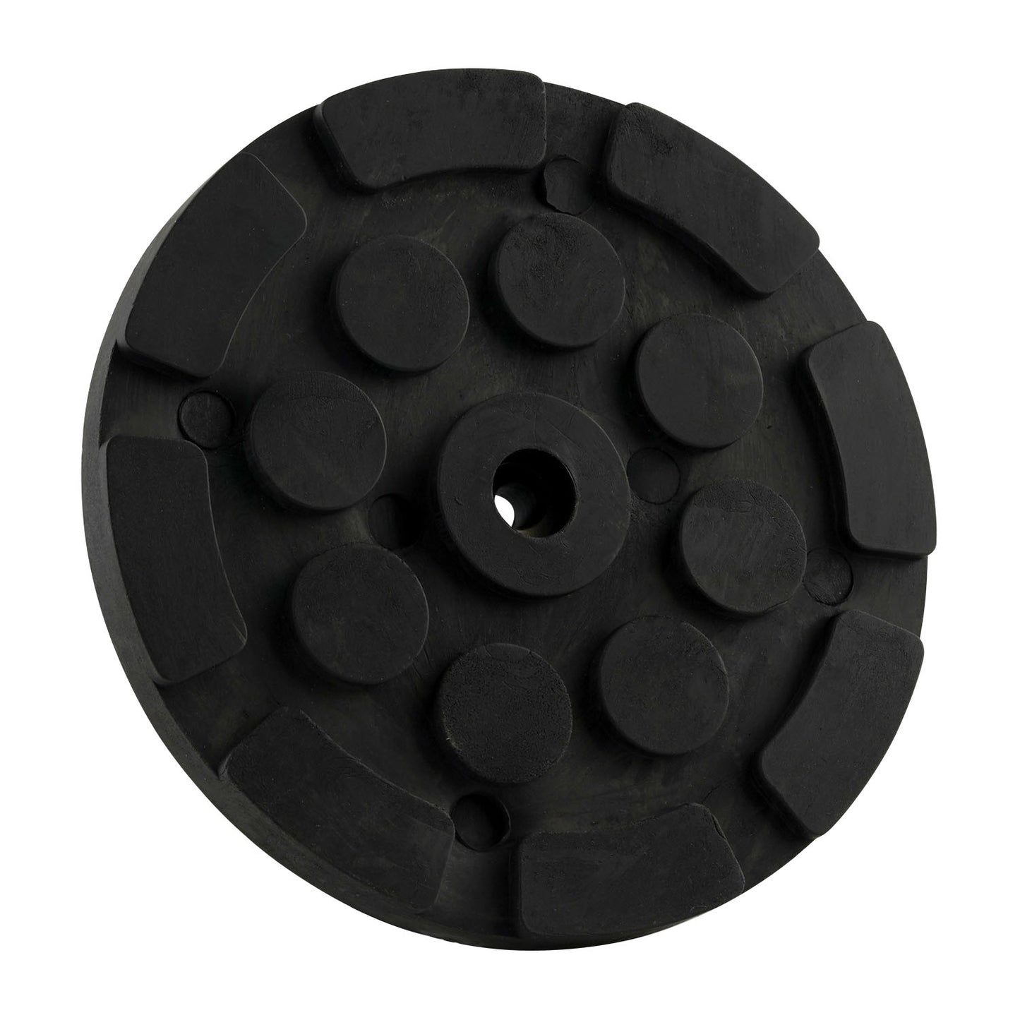Black circular hoist pad with a central hole and raised sections, designed for use with car hoists to provide stability and grip.