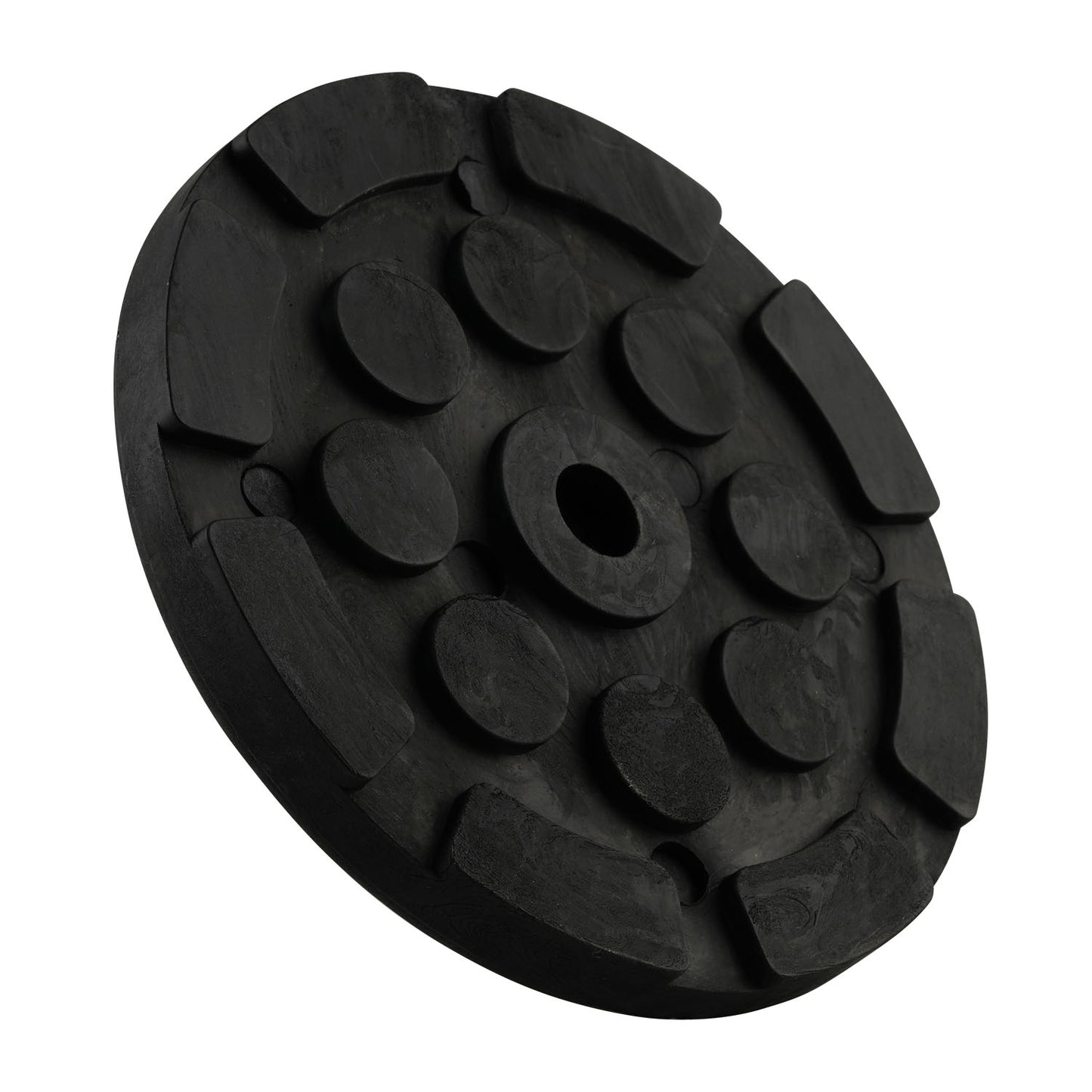 Black circular car hoist pad with a central hole and raised sections for stability and grip, designed for use with hoists.