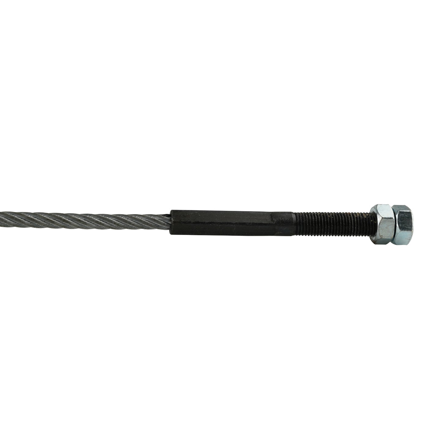 This image shows a close-up of a hoist cable with a steel threaded end secured by a hexagonal nut. The cable is composed of tightly wound steel strands, and the threaded section appears to be reinforced with a protective metal sleeve near the transition between the cable and the threaded component. This configuration allows for secure attachment in hoisting or lifting equipment.