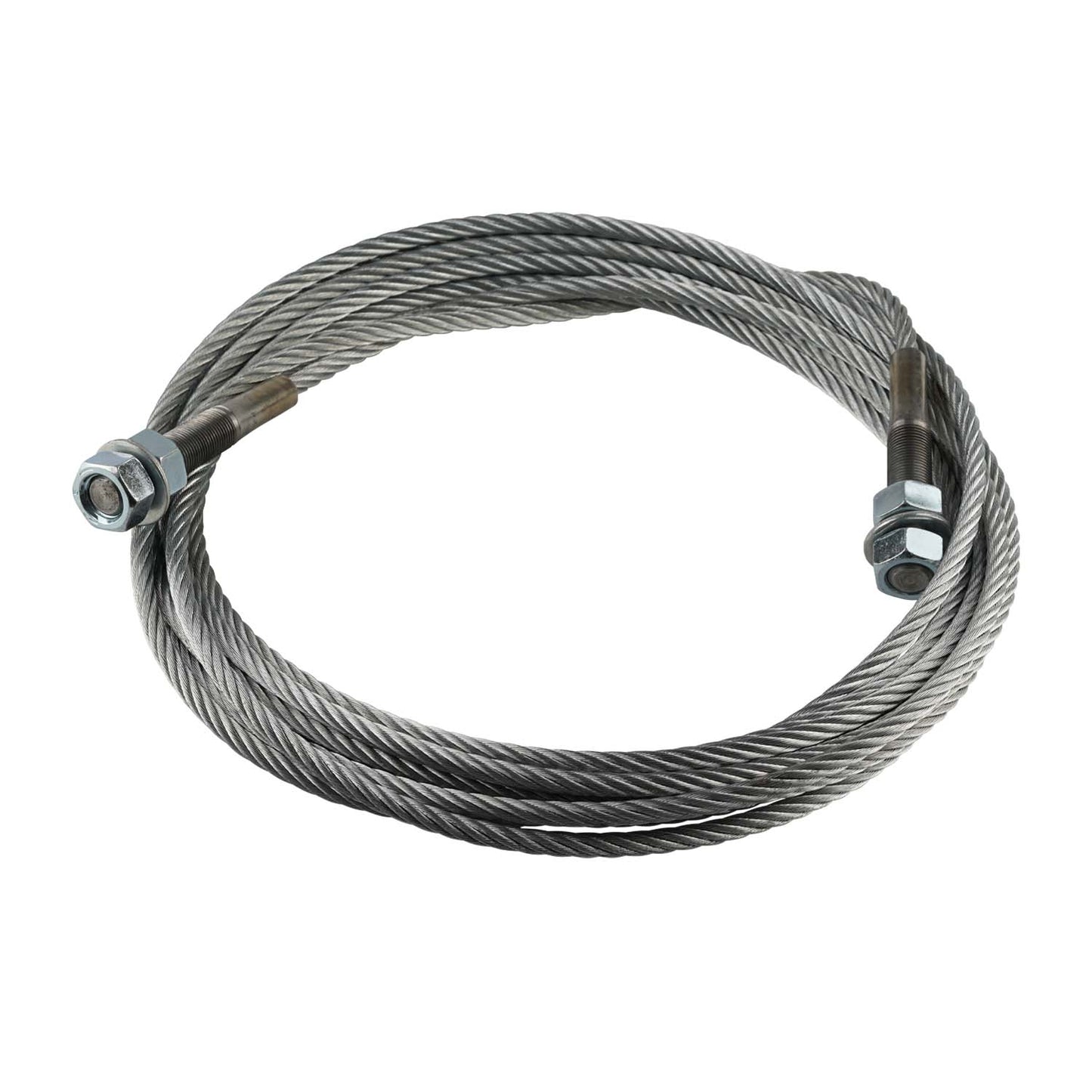 This image shows a 2 Post Car Hoist Cable with a 9.52mm diameter and M19 threads on both ends. The cable is neatly coiled, and the threaded ends are visible, ready for installation.