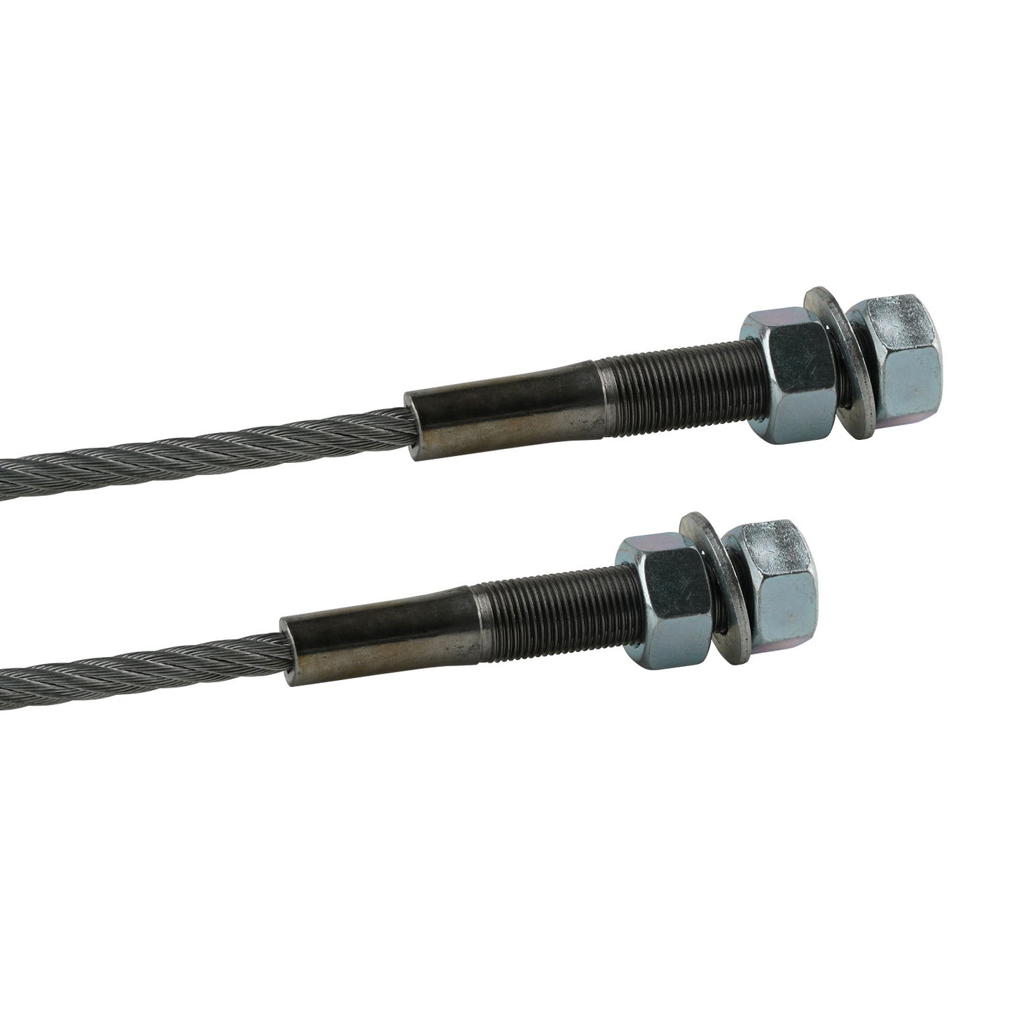 This image displays two detailed close-ups of the ends of a hoist cable. The cable features metal threading and hex nuts on both ends, showcasing the M19 threads and sturdy construction. These threaded sections are used to attach the cable securely within a hoist mechanism, ensuring stability and strength during operation. The twisted metal strands of the cable are also clearly visible.