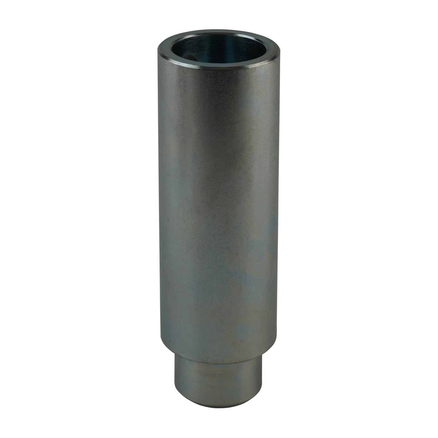Front view of a metal pad height adaptor for automotive hoists, with a hollow top and smooth cylindrical design, used for lift height adjustments in automotive hoisting systems.
