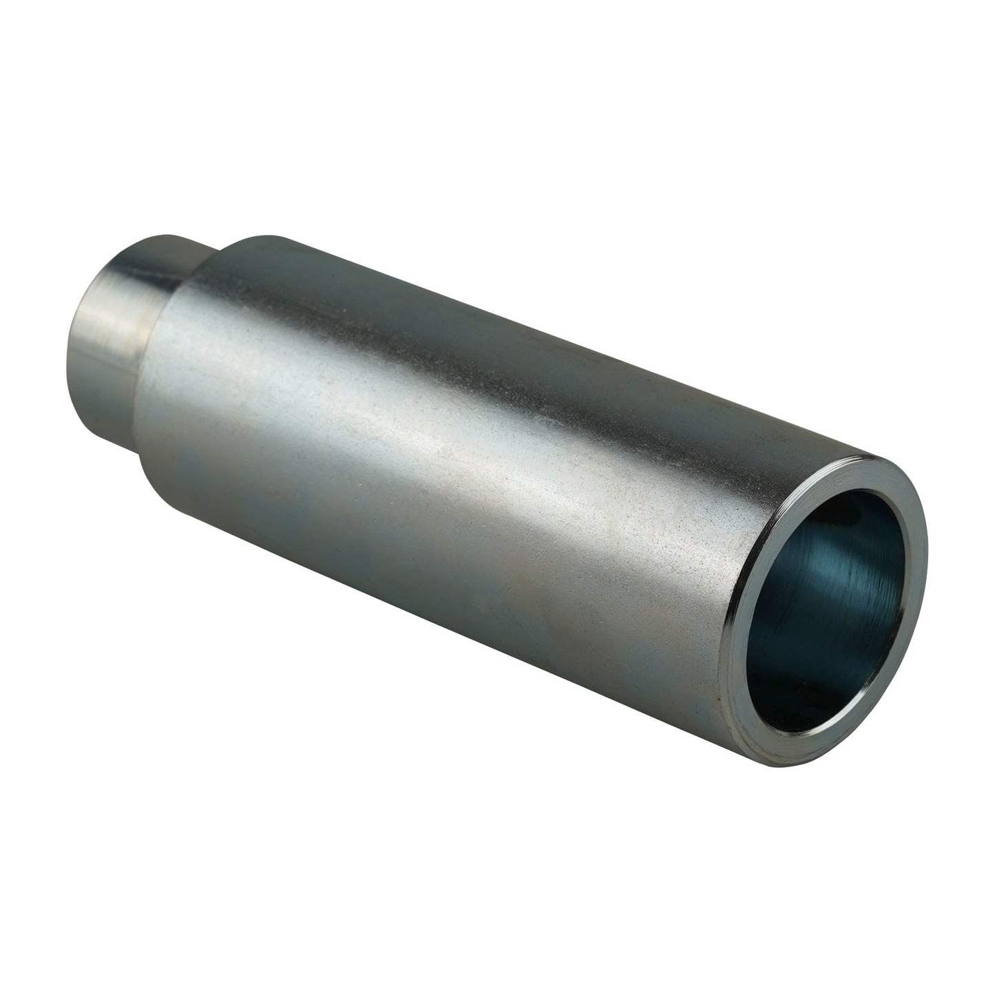 Angled view of a metal pad height adaptor for automotive hoists, featuring a hollow cylindrical design with smooth metal finish for lift height adjustments.