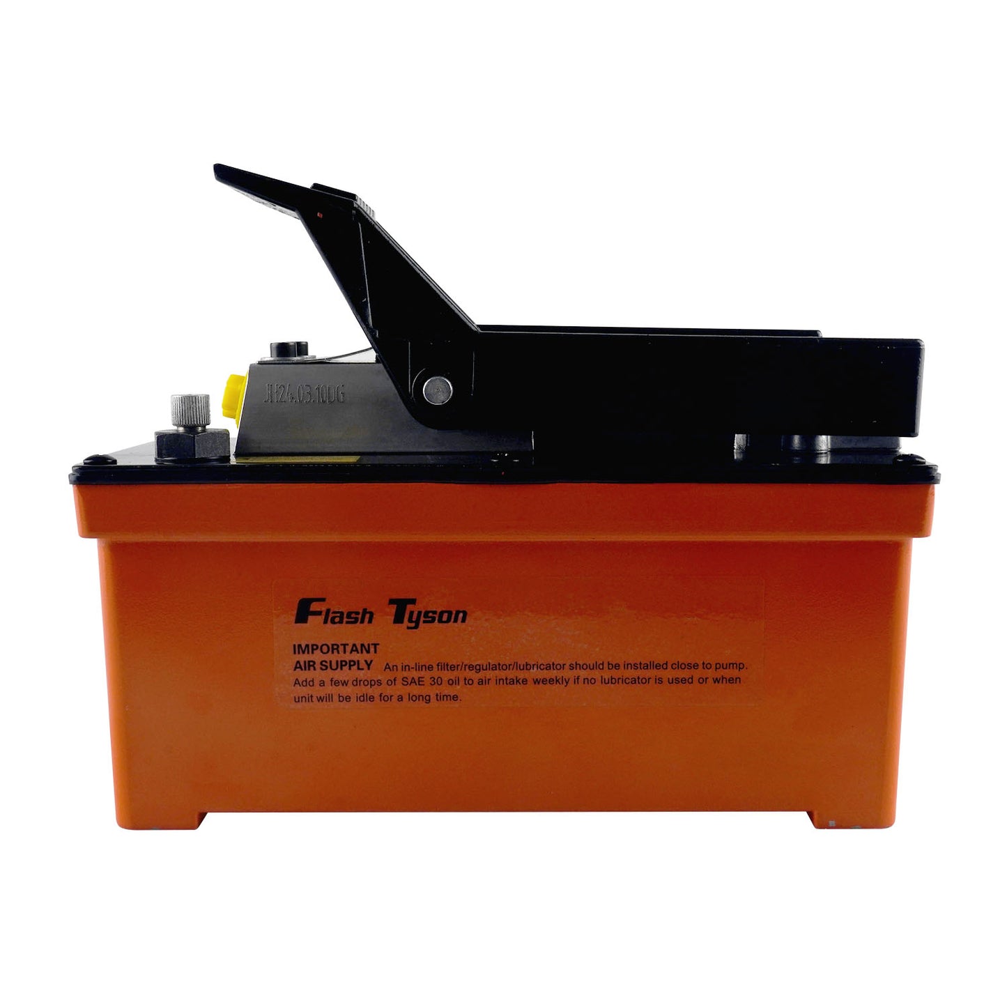 Hydraulic air pump for rolling jacks, featuring a compact orange reservoir base and black foot pedal for efficient pressure control. Designed for workshop and automotive applications, with clearly marked air supply instructions on the side.