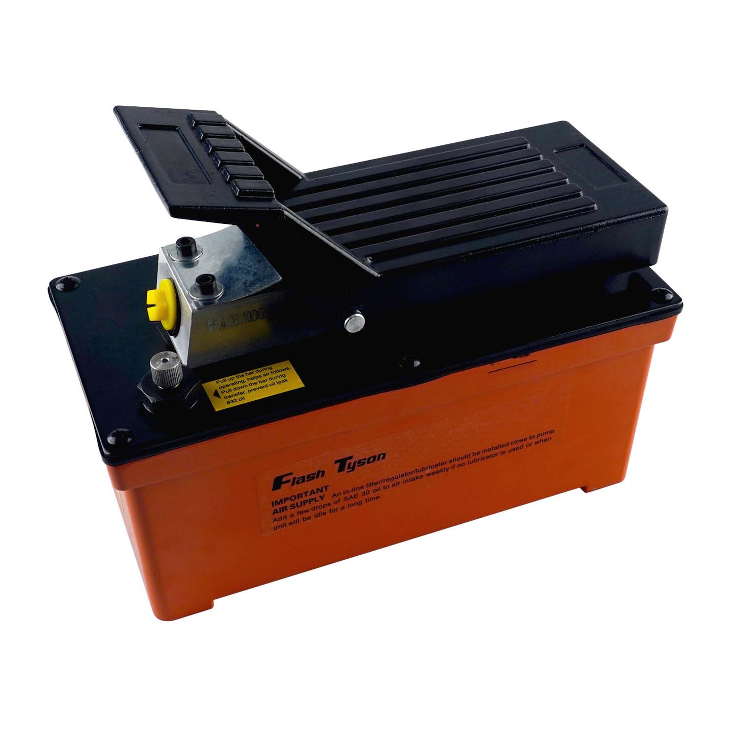 Top view of a hydraulic air pump for rolling jacks, featuring an orange reservoir base, black ribbed foot pedal, and yellow air valve. Compact design suitable for automotive workshops, with air supply instructions printed on the side.