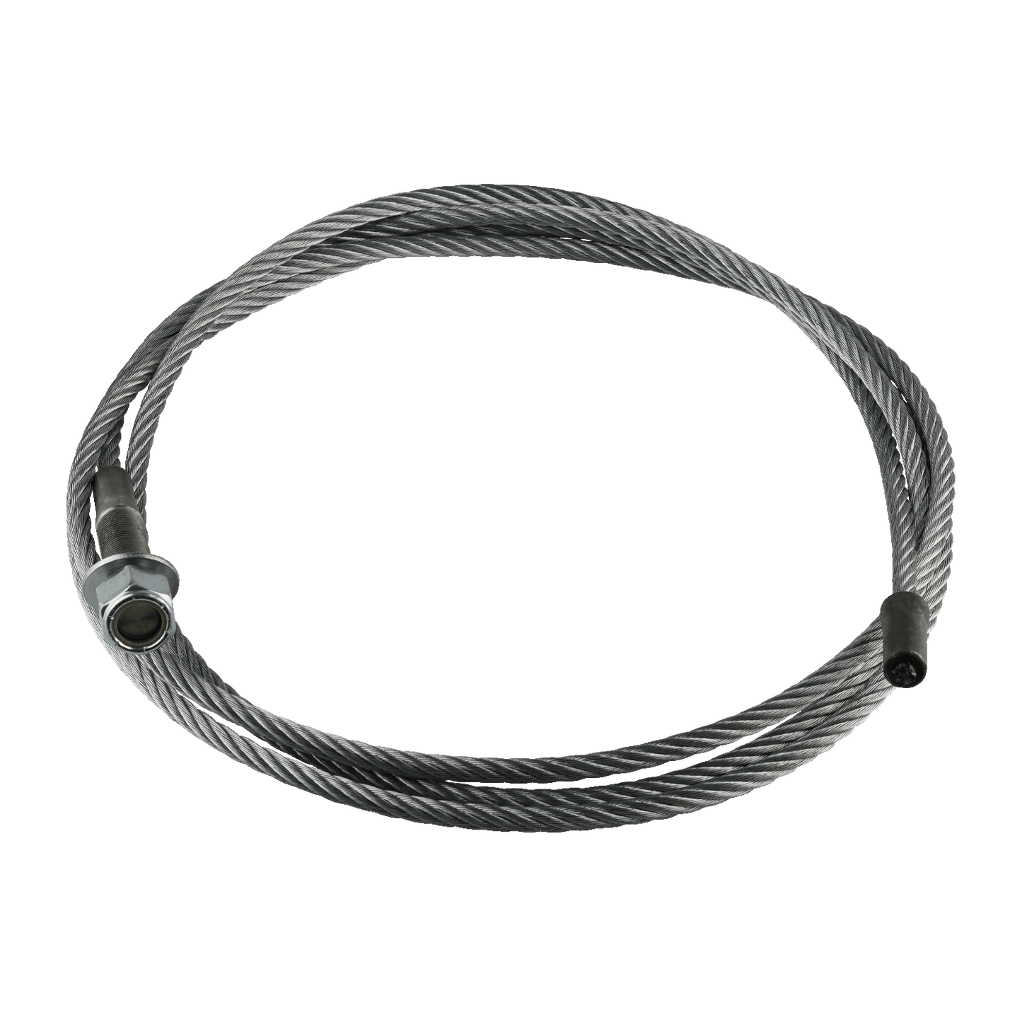 This image shows a 4 Post Car Hoist Cable with a diameter of 9.52mm, featuring M19 threads on one end. The cable is coiled and has a sturdy steel construction, designed for use in car hoist systems.