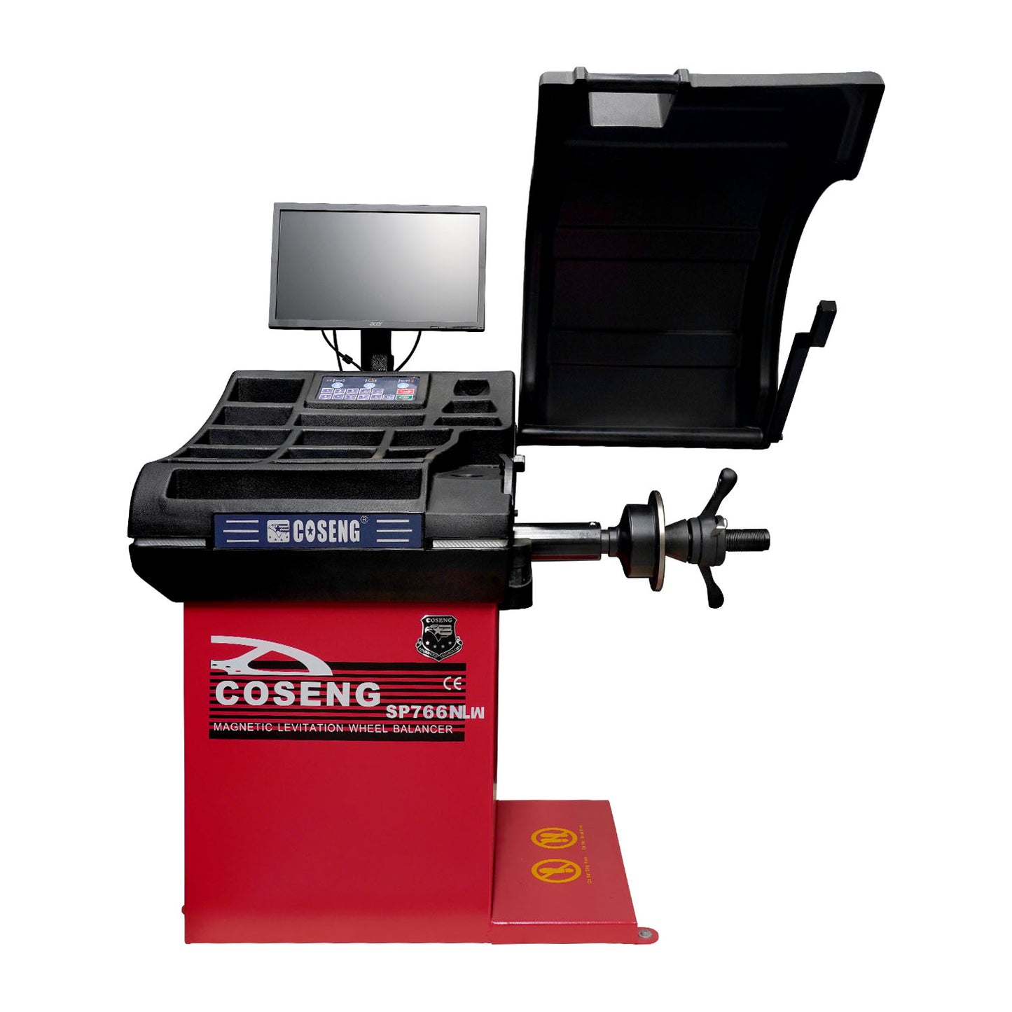 Side angle view of COSENG SP766NLW wheel balancing machine with digital display – ideal for tyre shops and mechanical workshops.