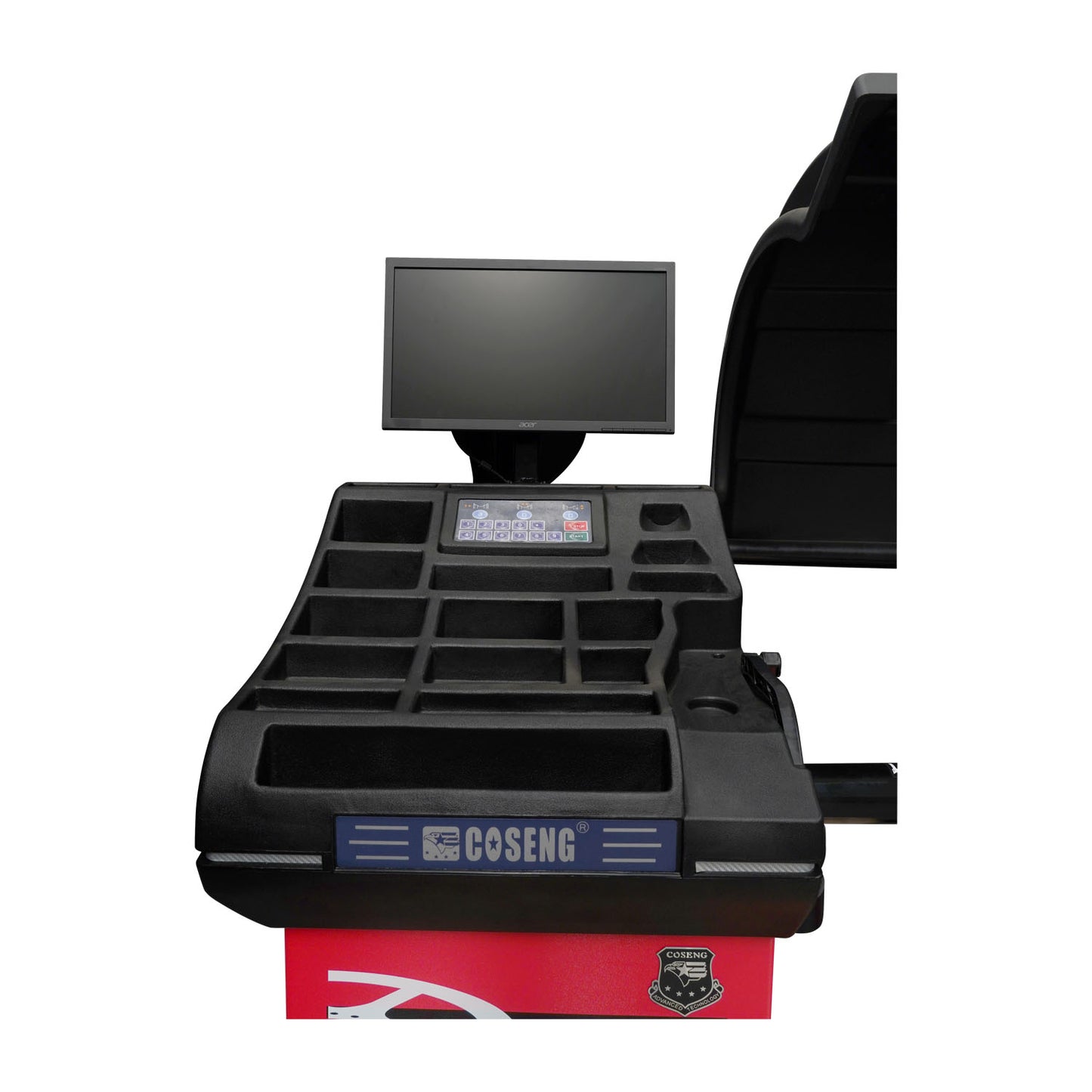 Front-facing view of COSENG SP766NLW magnetic levitation wheel balancer with ergonomic tool tray and control panel.