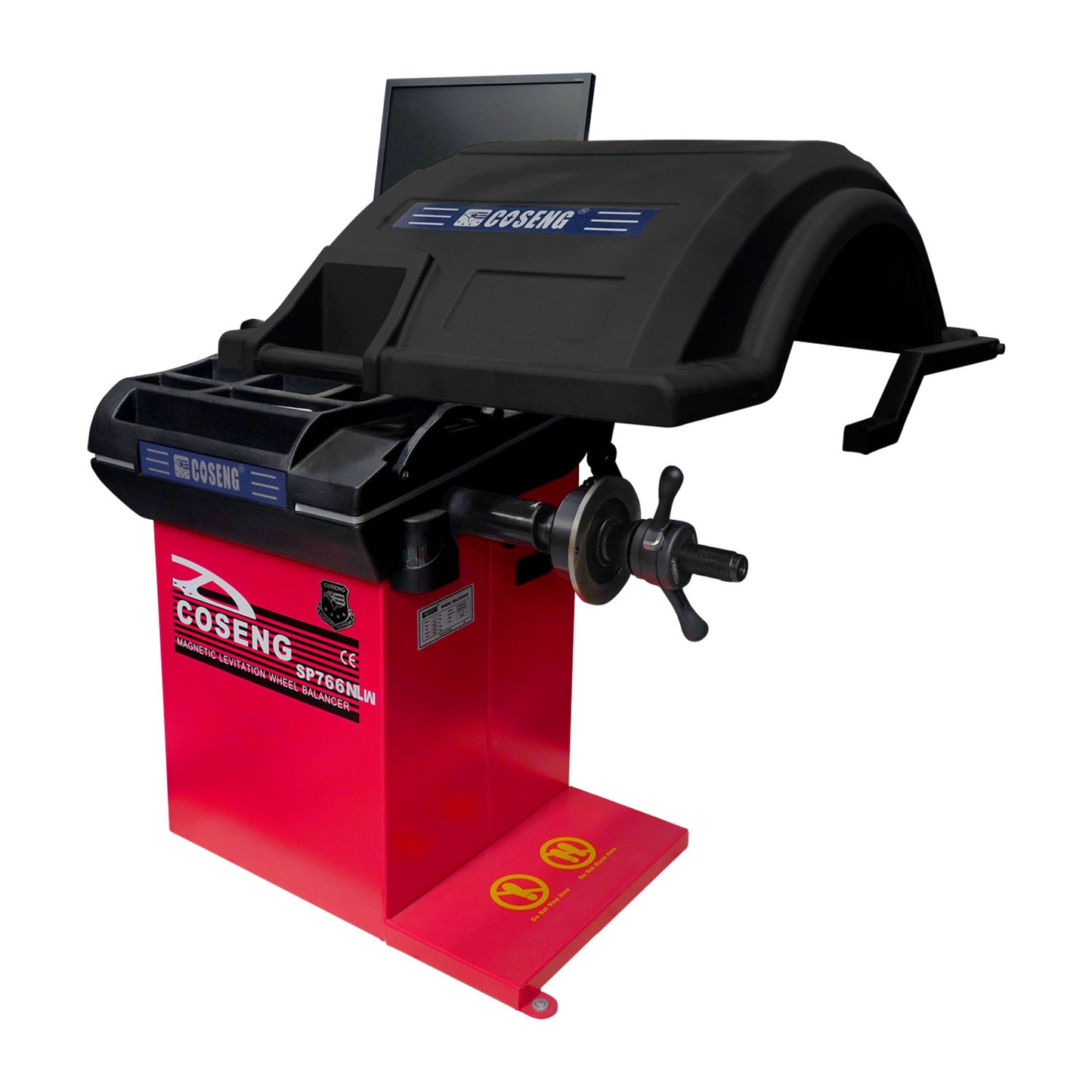 Top view of COSENG SP766NLW tyre balancer workstation featuring integrated monitor and operator interface – premium wheel balancing equipment.