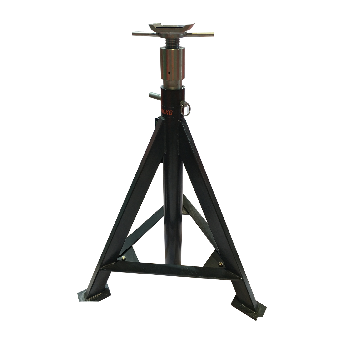 Heavy-duty support frame jack with a triangular base and adjustable screw top, designed for securely stabilizing lifted vehicles. Rated to support high loads, ideal for use with 4-post or scissor lifts.