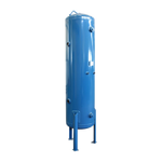 Vertical air compressor tank standing upright on three legs, colored in bright blue with multiple ports and a pressure gauge visible on the body. - McMillan Vertical Air Receiver Kit | T300V + TKIT15/300-V
