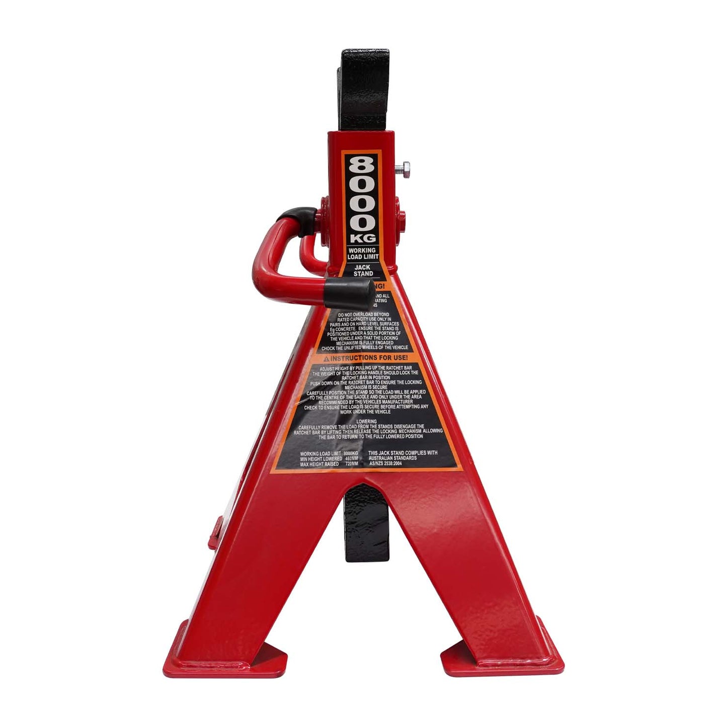Red car jack with '8000 KG' capacity on a white background