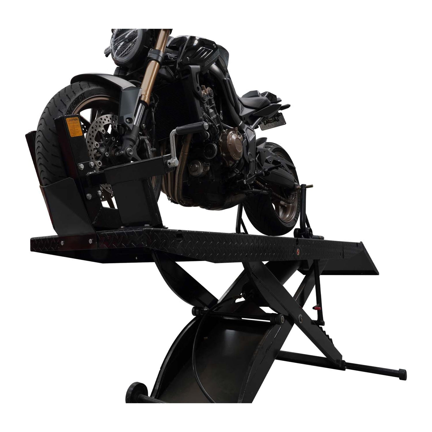 A black motorcycle securely positioned on a hydraulic motorcycle lift, ideal for maintenance and repairs. - Motorcycle Hoist Drop Tail - 450 Kg | TL.45MH