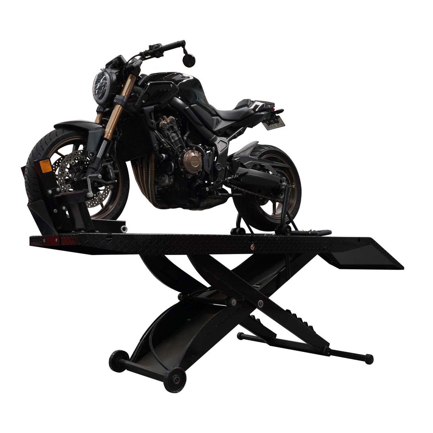 A black motorcycle on a hydraulic motorcycle hoist, showcasing the lift's sturdy design for motorbike maintenance and repairs. - Motorcycle Hoist Drop Tail - 450 Kg | TL.45MH