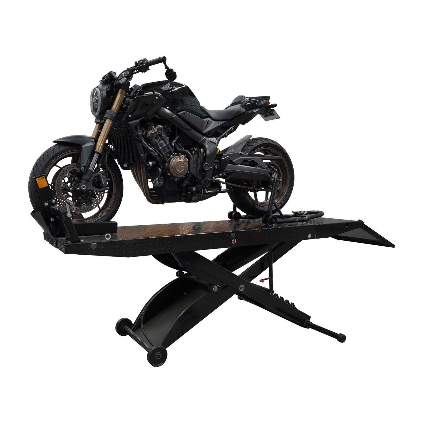 A black motorcycle on a hydraulic motorcycle hoist, showcasing the lift's sturdy design for motorbike maintenance and repairs. - Motorcycle Hoist Drop Tail - 450 Kg | TL.45MH