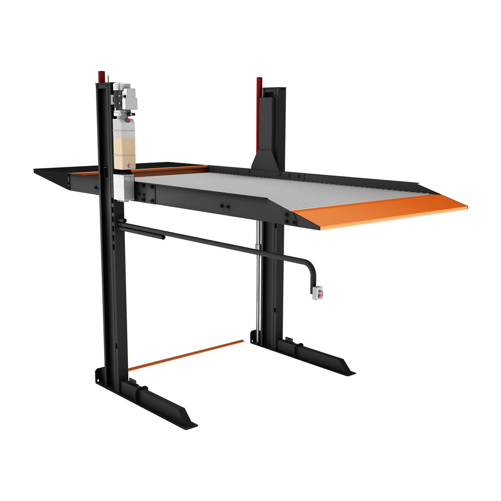 A grey and orange 2 post car hoist with a flat platform and hydraulic system. - 2 Post Parking Hoist - Full Platform Compact - 2.7 Ton | TL2.7HP