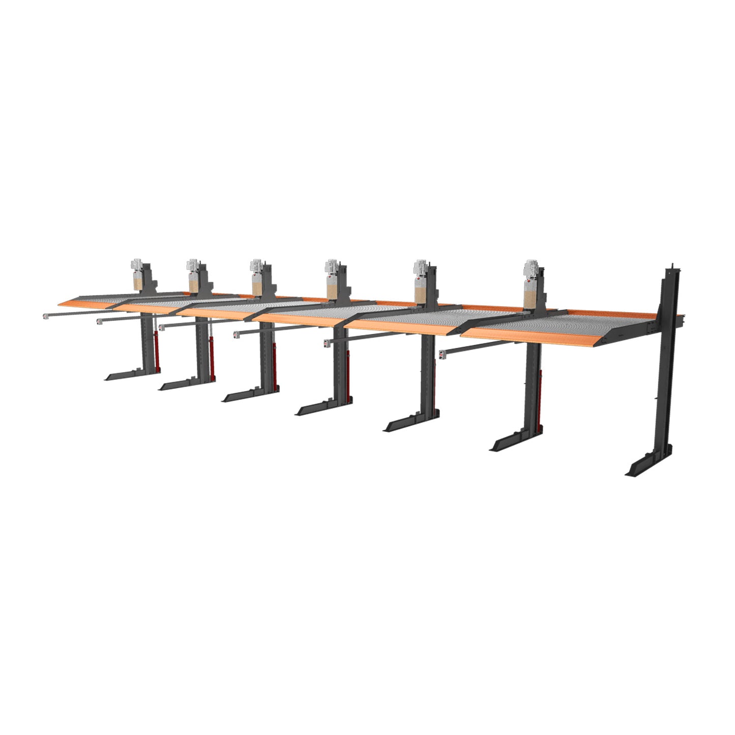 Multiple-platform 2 post car hoist system with a durable dark grey frame and orange safety accents, designed for lifting and parking vehicles. - 2 Post Parking Hoist - Full Platform Compact - 2.7 Ton | TL2.7HP