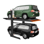 Two SUVs positioned on a platform 2 post car hoist, demonstrating the system's capability as a parking storage solution. - 2 Post Parking Hoist - Full Platform Compact - 2.7 Ton | TL2.7HP