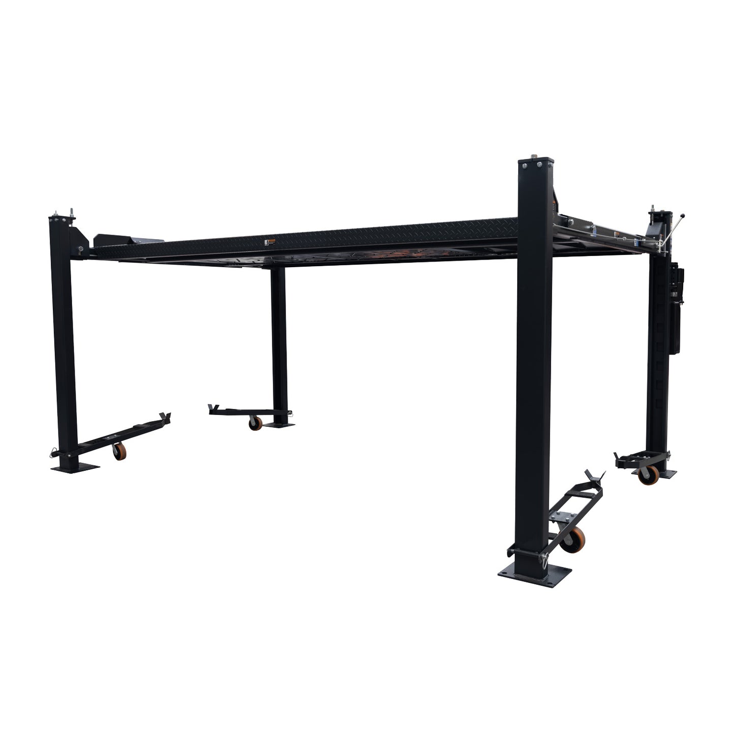 A compact image of a dark grey four-post parking hoist with caster wheels, designed for lifting and storing vehicles in a garage or workshop setting.