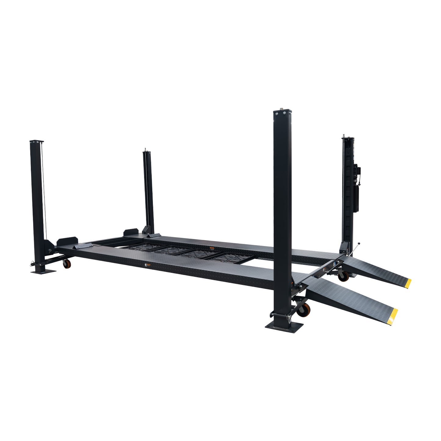 Dark grey four-post parking car hoist with ramps