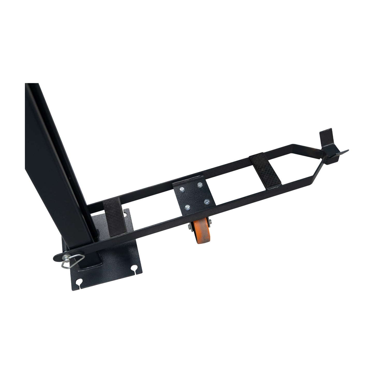 Black caster kit for mobility, designed to be attached to four-post car hoist for ease of movement.