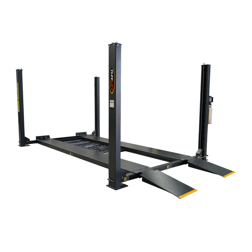4 post car hoist model TL4.0PH featuring sturdy steel columns and diamond-plate ramps for vehicle lifting and parking.