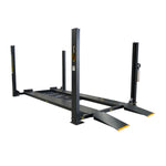 4 post car hoist model TL4.0PH featuring sturdy steel columns and diamond-plate ramps for vehicle lifting and parking.