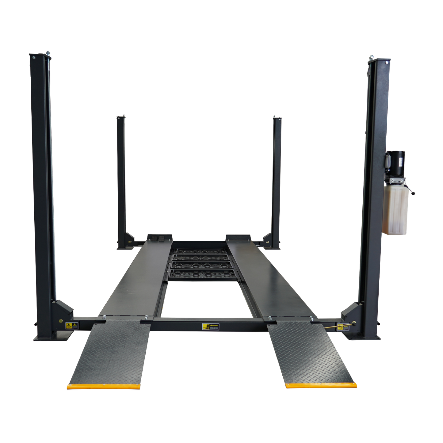 Front view of the 4 post car hoist model TL4.0PH in a workshop, showcasing the steel platform and diamond-plate ramps, ready for vehicle lifting or servicing.