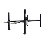 Side view of the 4 post car hoist model TL4.0PH, highlighting the raised steel platforms and hydraulic motorSide view of the 4 post car hoist model TL4.0PH, highlighting the raised steel platforms and hydraulic motor