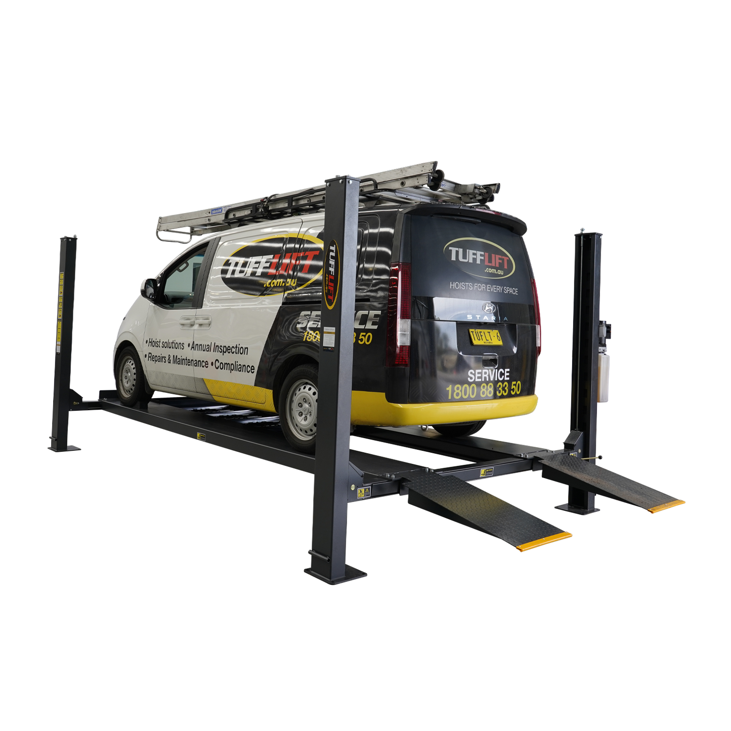 4 post hoist lifting a Tufflift service van in a workshop, showcasing the hoist's capability for vehicle maintenance and inspections