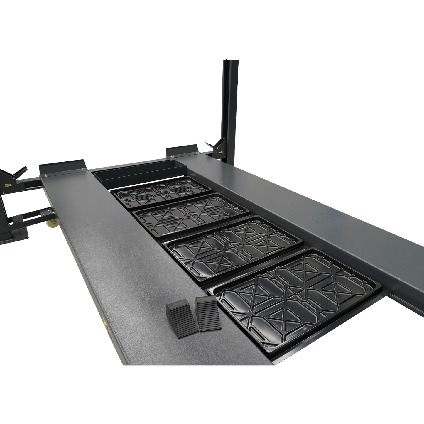 4 post hoist platform featuring drip trays, a steel tool tray, and rubber wheel chocks, designed to enhance vehicle maintenance by providing organized storage and spill protection.