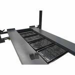 4 post hoist platform featuring drip trays, a steel tool tray, and rubber wheel chocks, designed to enhance vehicle maintenance by providing organized storage and spill protection.