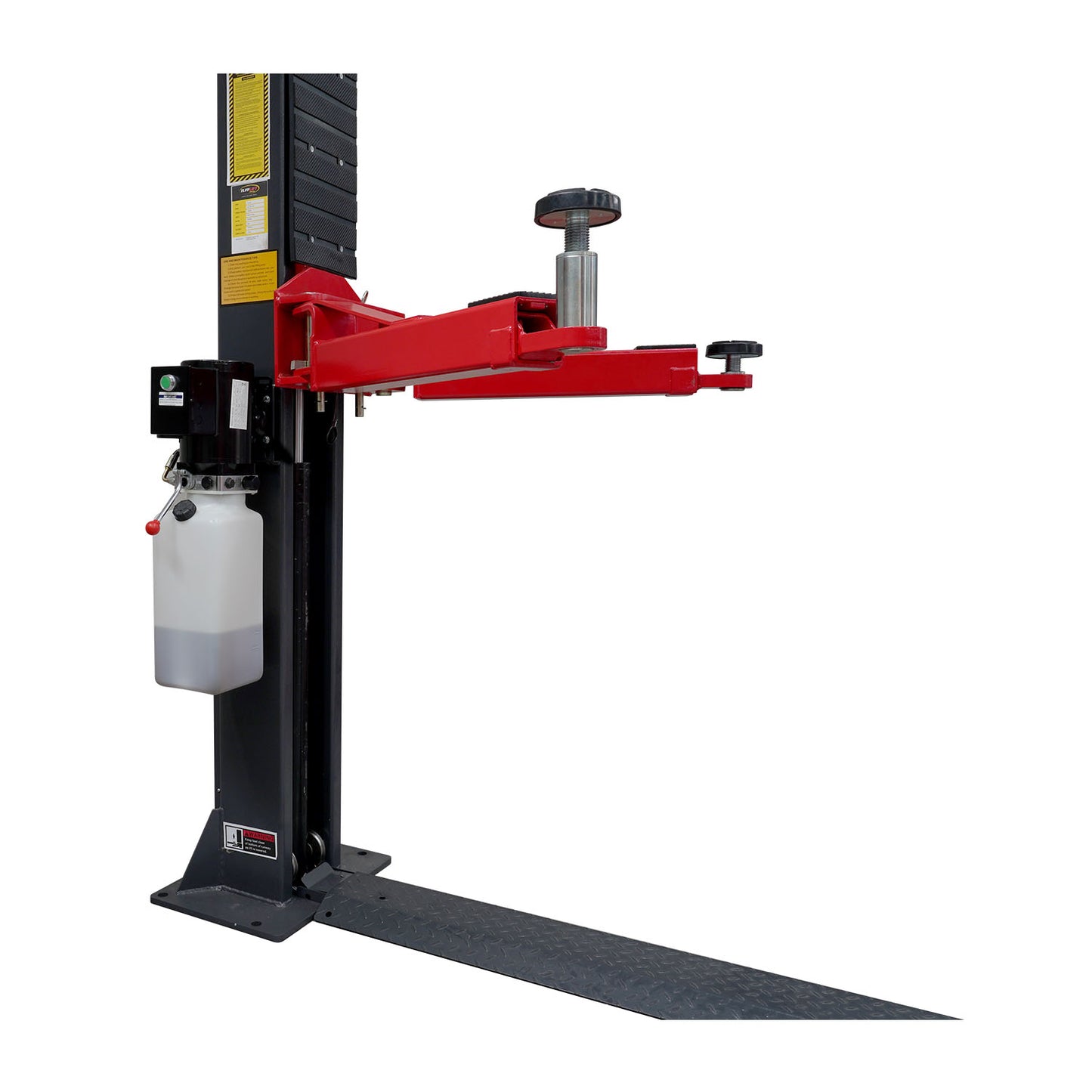 A single post of a 2 post car hoist featuring a red arm with pads and adapters. 2 Post Baseplate Hoist - 4 Ton | TLD4.0BP