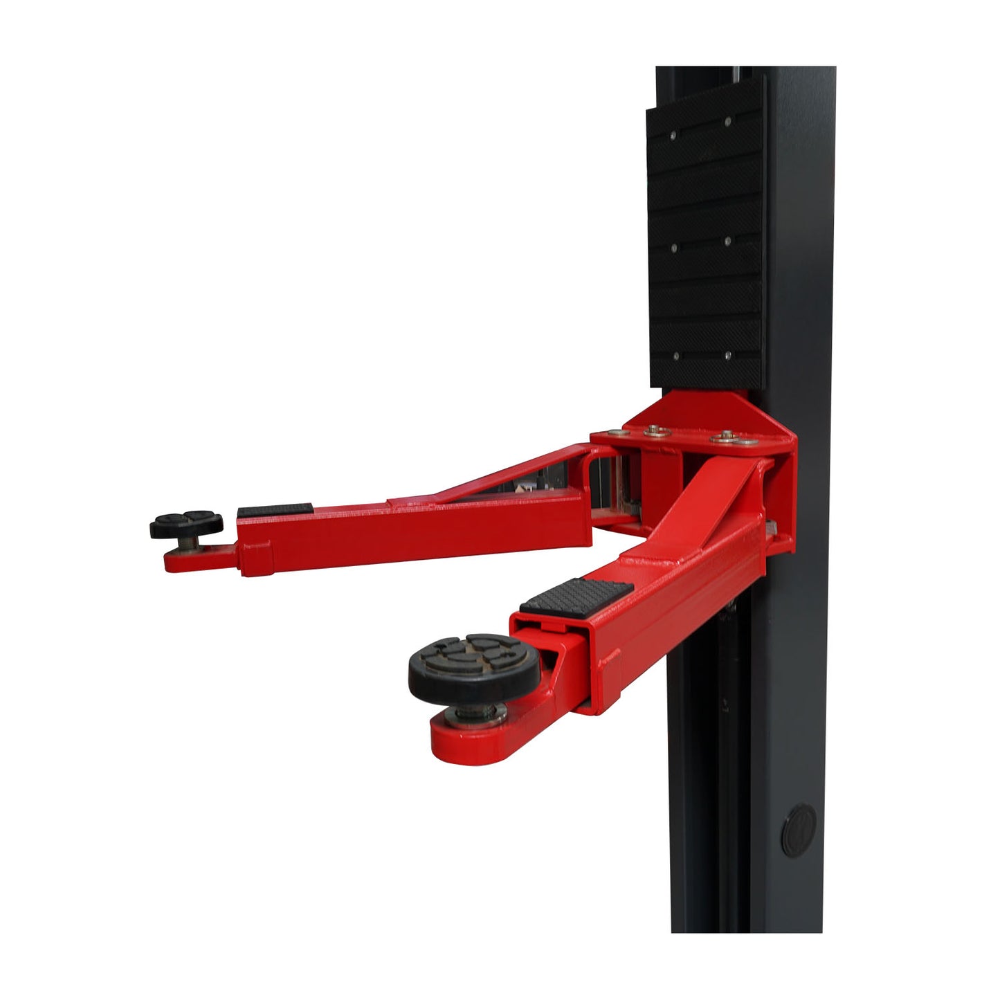 Close up of red car hoist arm with screw pads - 2 Post Baseplate Hoist - 4 Ton TLD4.0BP