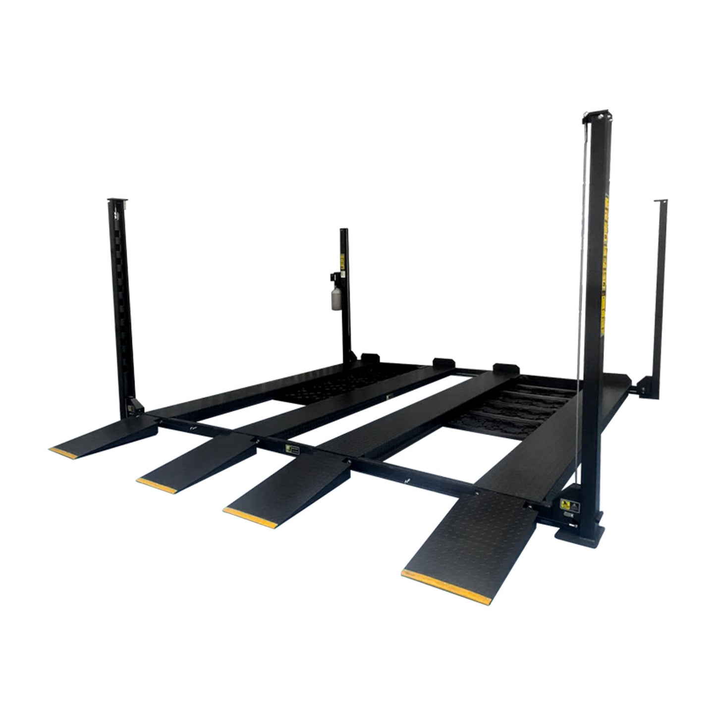 four-post car hoist with drive-on ramps and twin platforms, designed for efficient vehicle parking solutions. - 4 Post Twin Platform Parking Hoist – 4 Ton | TLD4.0TPL5.0M